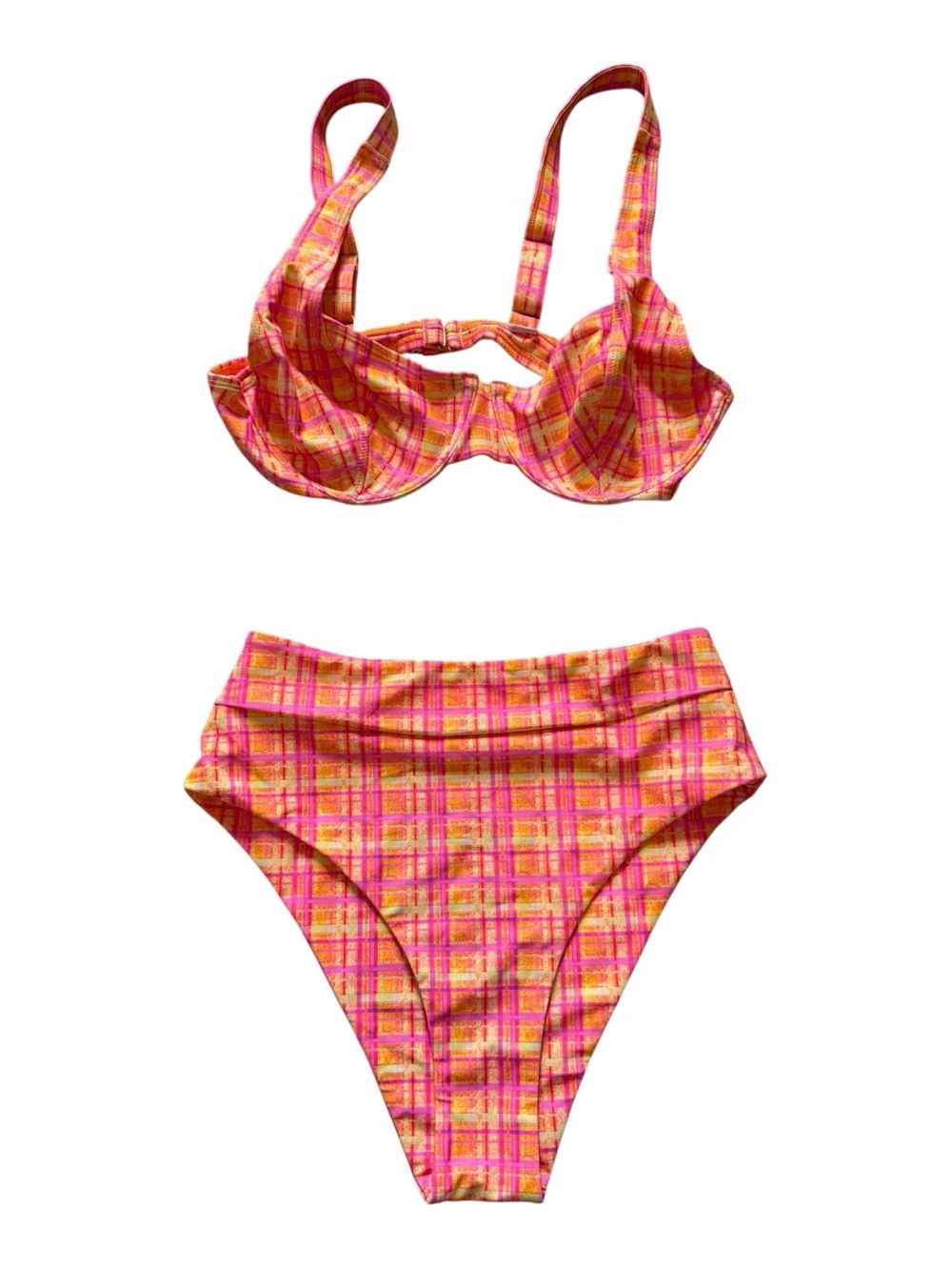 Kulani Kinis Pink & Orange Plaid One-Piece Style Swim Set with High Waist